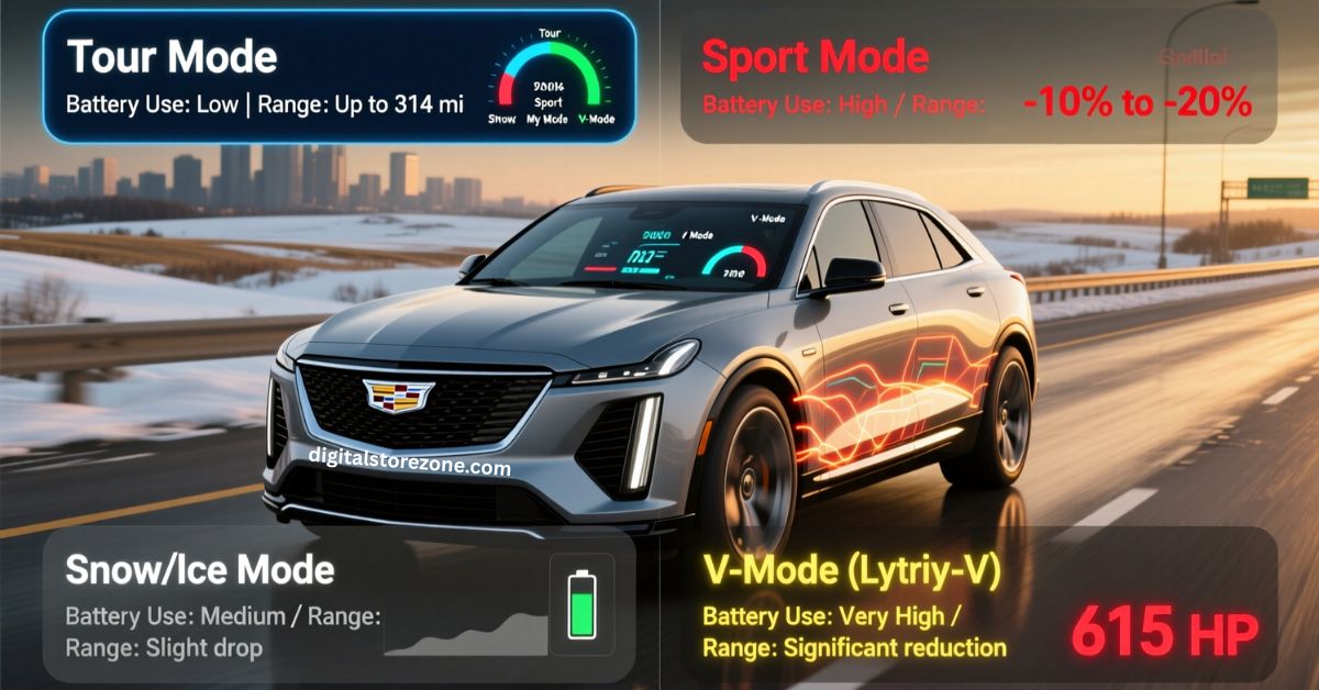 do the driving modes in cadillac lyriq offer different ranges or battery usages?